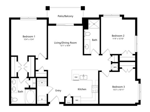 A black and white image of a floor plan for a home with three bedrooms, a living/dining room, kitchen, and bathrooms.
